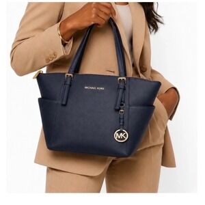 Michael Kors Charlotte Large Top Zip Tote Navy Blue Saffiano Leather Handbag